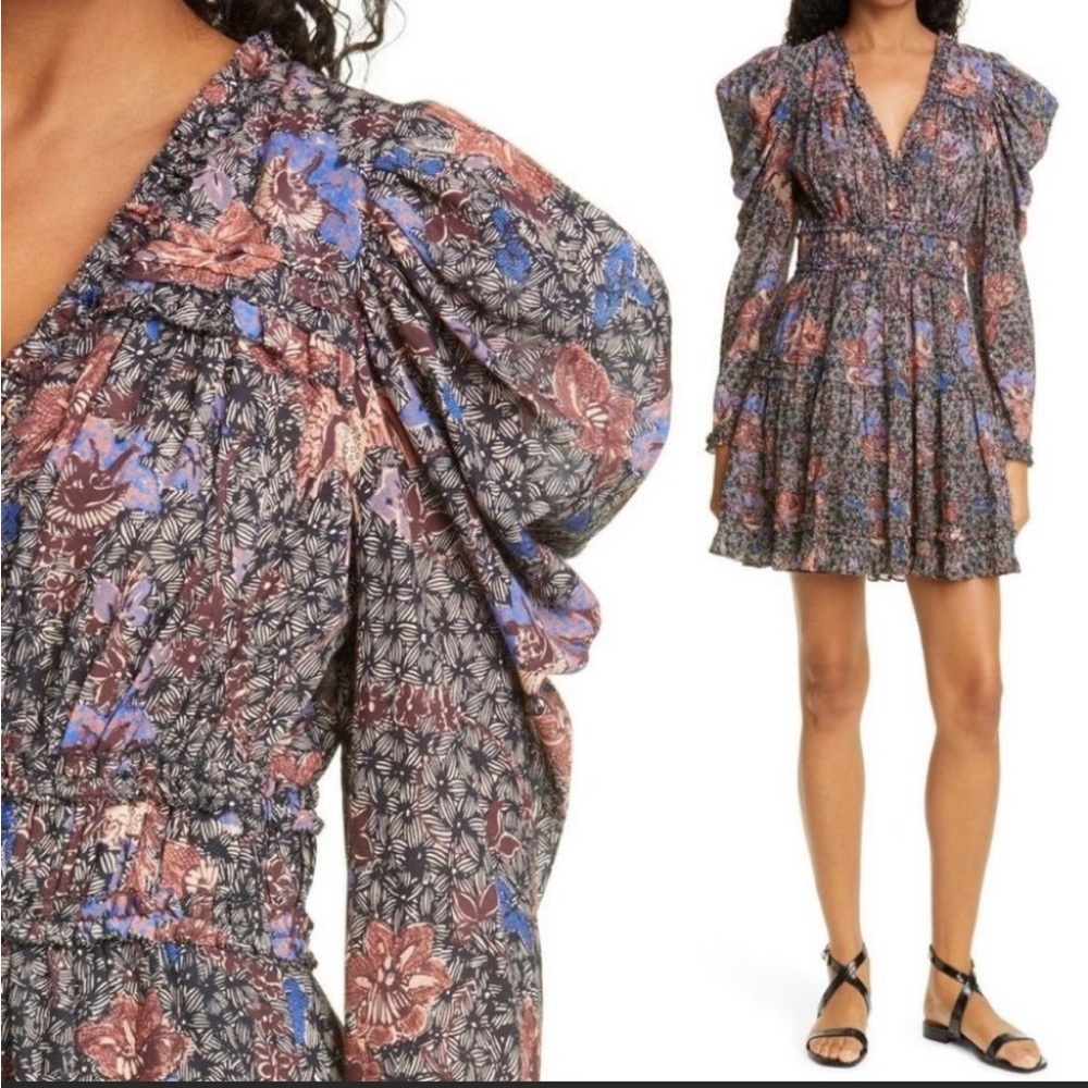 Ulla Johnson Julie Long Sleeve Mini Dress Jet Black Floral Size 4